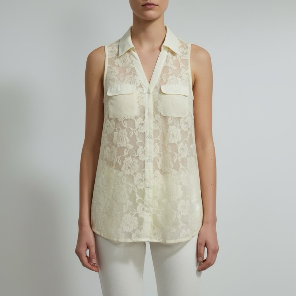 Guess Cream Lace Button-Up Blouse Sleeveless Blouse Floral‎ Lace size Small